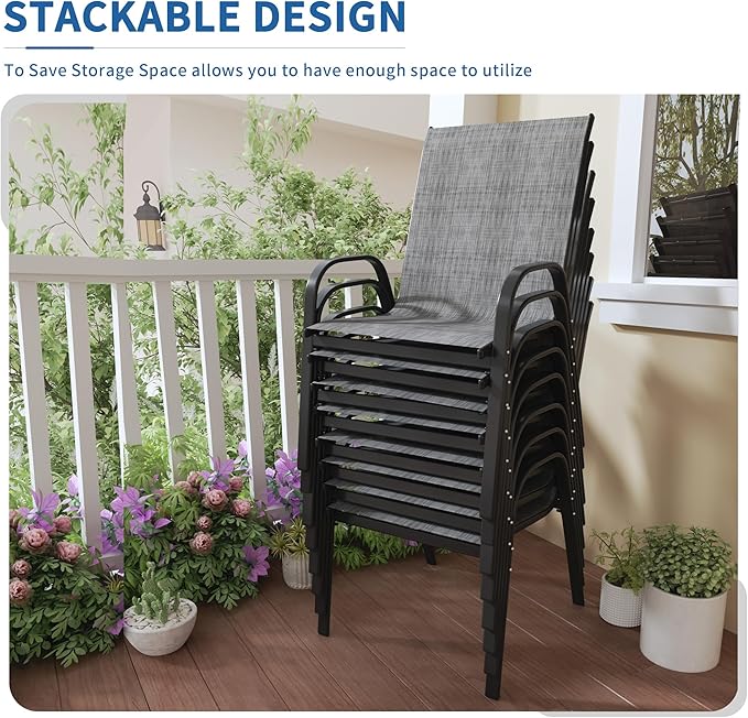 PIZZELLO Patio Chairs Set of 8 - Outdoor Stackable Dining Chairs for All Weather - Lightweight Textilene Outdoor Chair Sets with Armrests - 330Lbs Capacity - for Backyard Garden Porch Poolside (Grey)