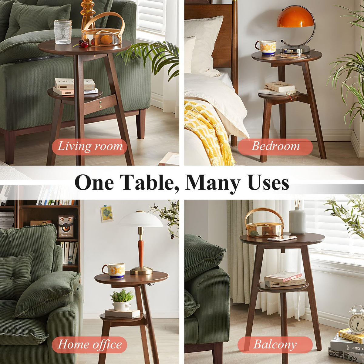 Cttasty Side Table, 2-Tier Round End Tables Living Room, Mid Century Modern Side Table, Round Nightstand, Oak Accent Table, Small Round Coffee Table, 16.54" Dia.x 23.62" H(Walnut)