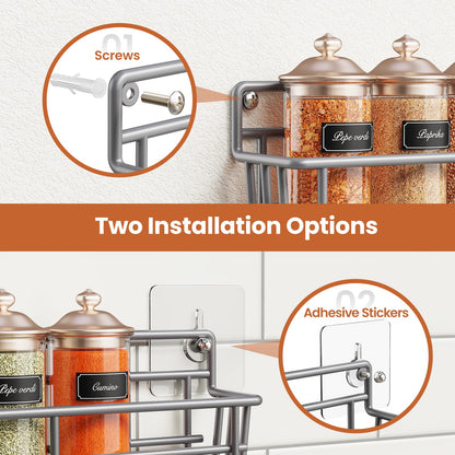 5 Pack Spice Rack Seasoning Organizer Wall Mount, Screw or Adhesive Hanging Shelf Basket Spice Organizer Shelf for Kitchen, Black