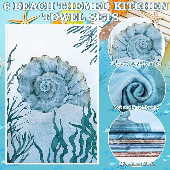 Boyiee Set of 6 Beach Kitchen Towels Sea Ocean Animal Nautical Tea Towels 24 x