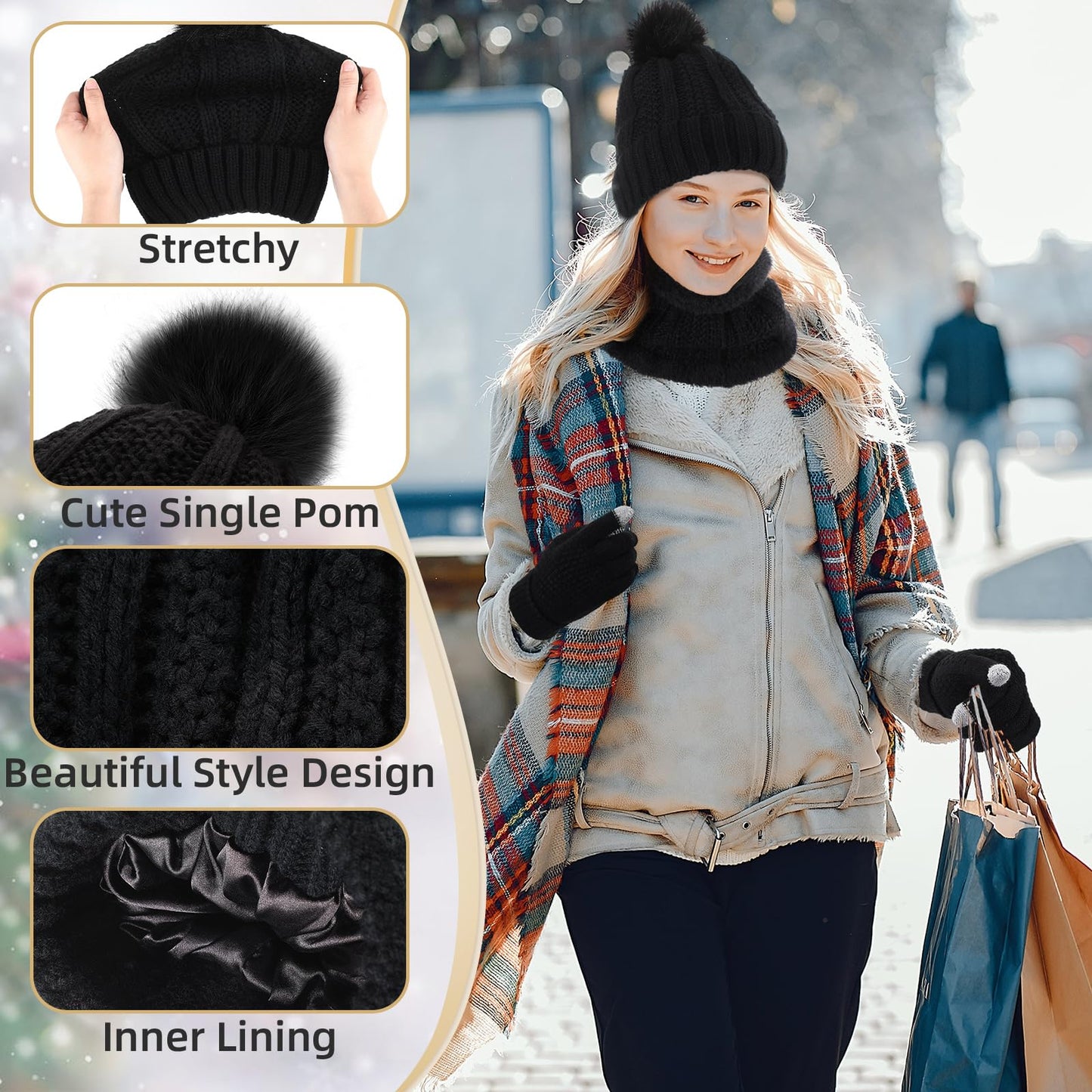 SATINIOR 5 Pcs Winter Satin Lined Hat Scarf Gloves Set Knit Pompom Beanie Warm Touchscreen Glove Earmuff Ear Warmer for Women(Black,Stylish Style)