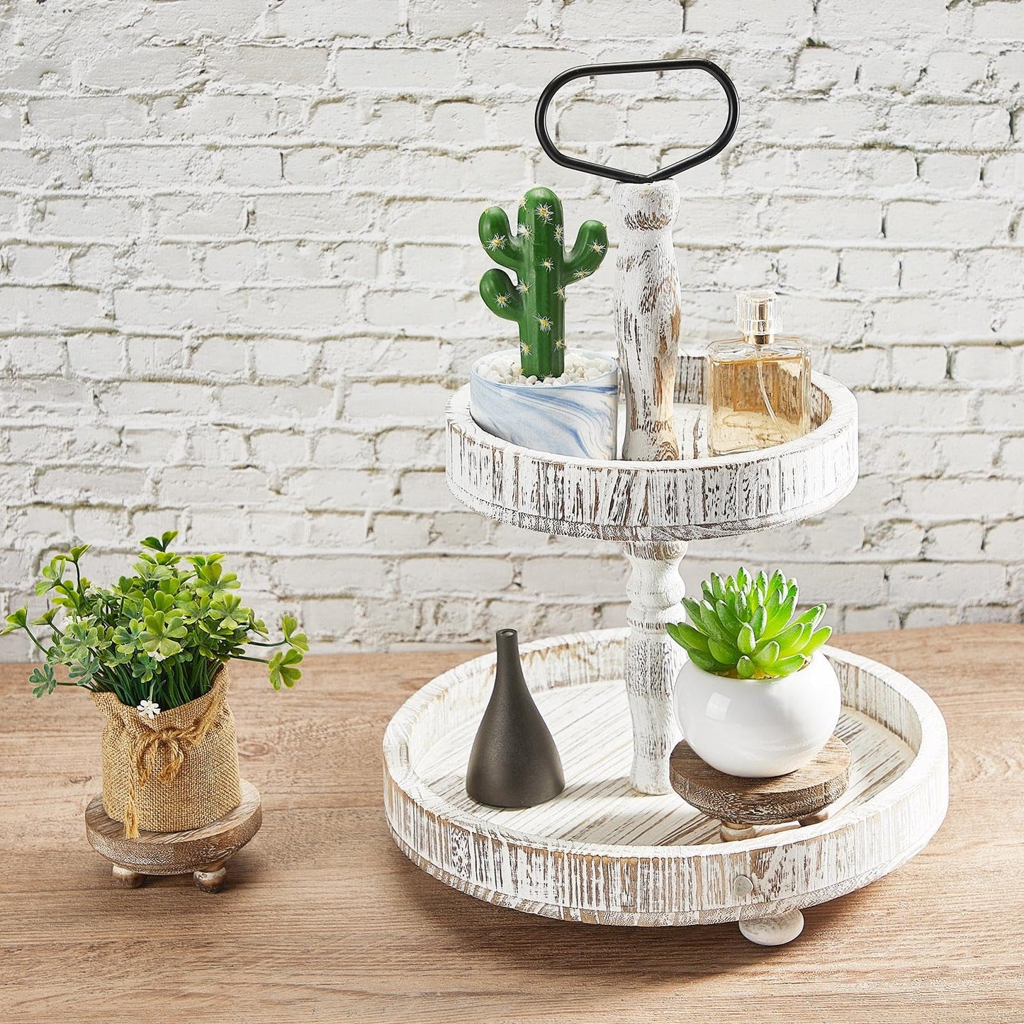 Yalikop Set of 2 Mini Wood Risers for Decor Round Wooden Riser Small Wooden Stool Display Stand Farmhouse Rustic Wood Pedestal for Plant Pot Tiered Tray Decor Cake Food Collection Display(Brown)