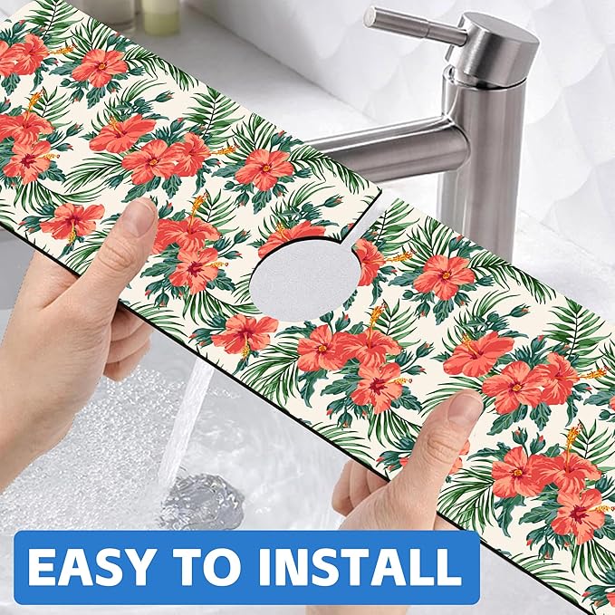 Tropical Leaves and Red Floral Kitchen Sink Splash Guard Mat Absorbent Fast