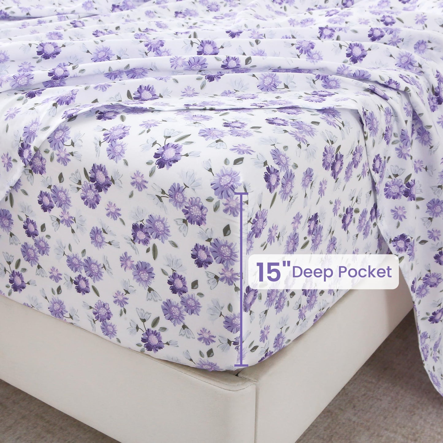 Softan Puple Floral Queen Sheet Set, 4-Piece Microfiber Printed Fitted Sheet with 15" Deep Pockets & Non-Slip Straps, White Flower Patterned Bedding Sheets & Pillowcase Set