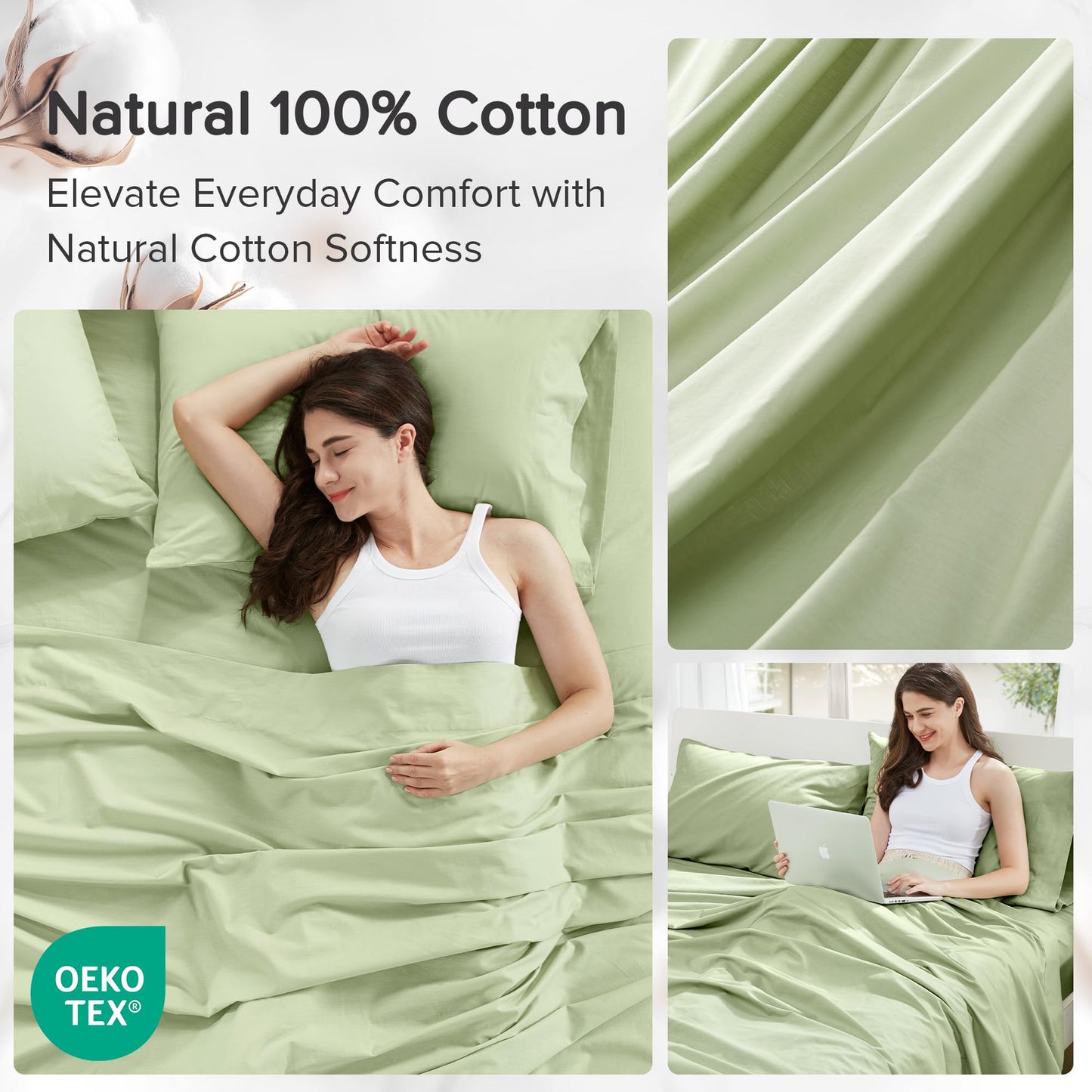 Comfort Spaces 100% Cotton Sheets King, Breathable & Soft Cotton Sheets, Naturally Cool Cotton Bed Sheets with 14" Elastic Pocket Fits up to 16" Mattress, All Seasons Sheet Set, Sage Green 4 Piece