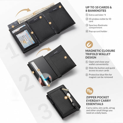 VULKIT Credit Card Holder RFID Blocking Leather Pop Up Card Wallet with Banknote Compartment, ID Window, Coin Pocket & Magnetic Closure