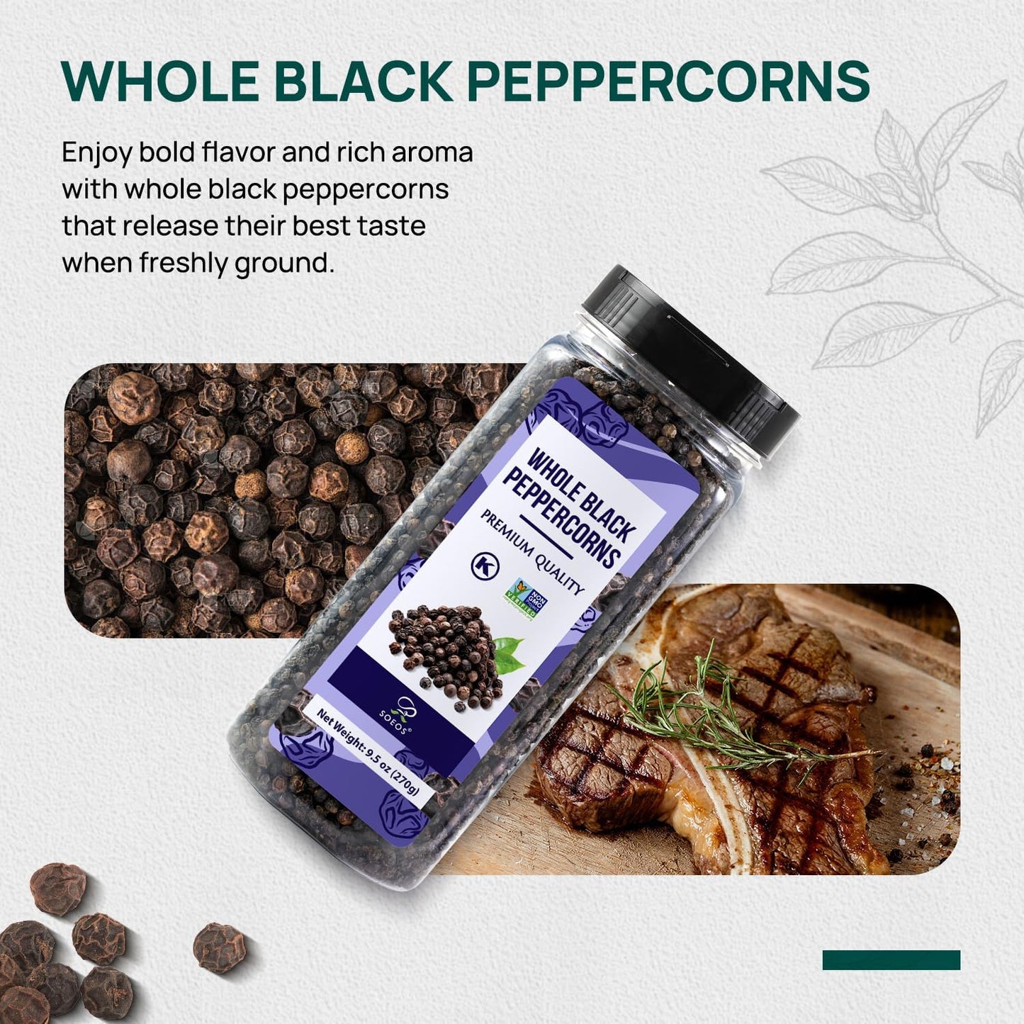 Soeos Himalayan Pink Salt 20oz + Whole Black Peppercorns 9.5oz Set, Coarse Grain, Salt for Grinder Refill, Salt and Pepper Grinder, Non-GMO Verified, Spice Seasoning Set for Cooking