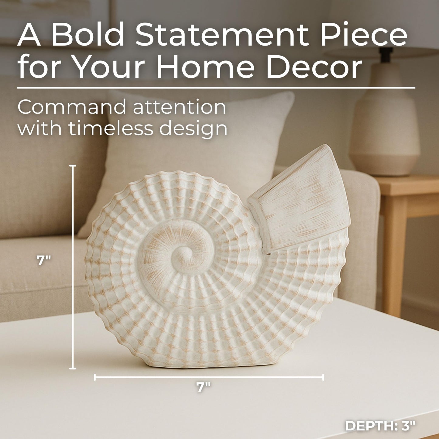 Coastal Seashell Decorative Figurine – Handcrafted Polyresin Nautical Decor Sculpture – Figurines & Sculptures Home Decor for Office, Bedroom & Living Room – 7", Whitewash