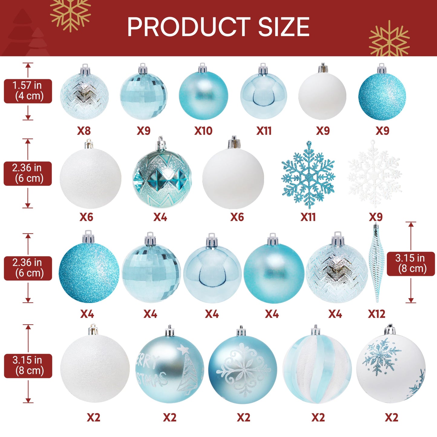 Joiedomi 133 Pcs Christmas Ornaments, Blue & White Assorted Shatterproof Christmas Balls Ornaments for Xmas Tree Wreath Garland Holidays Indoor/Outdoor Party and Events