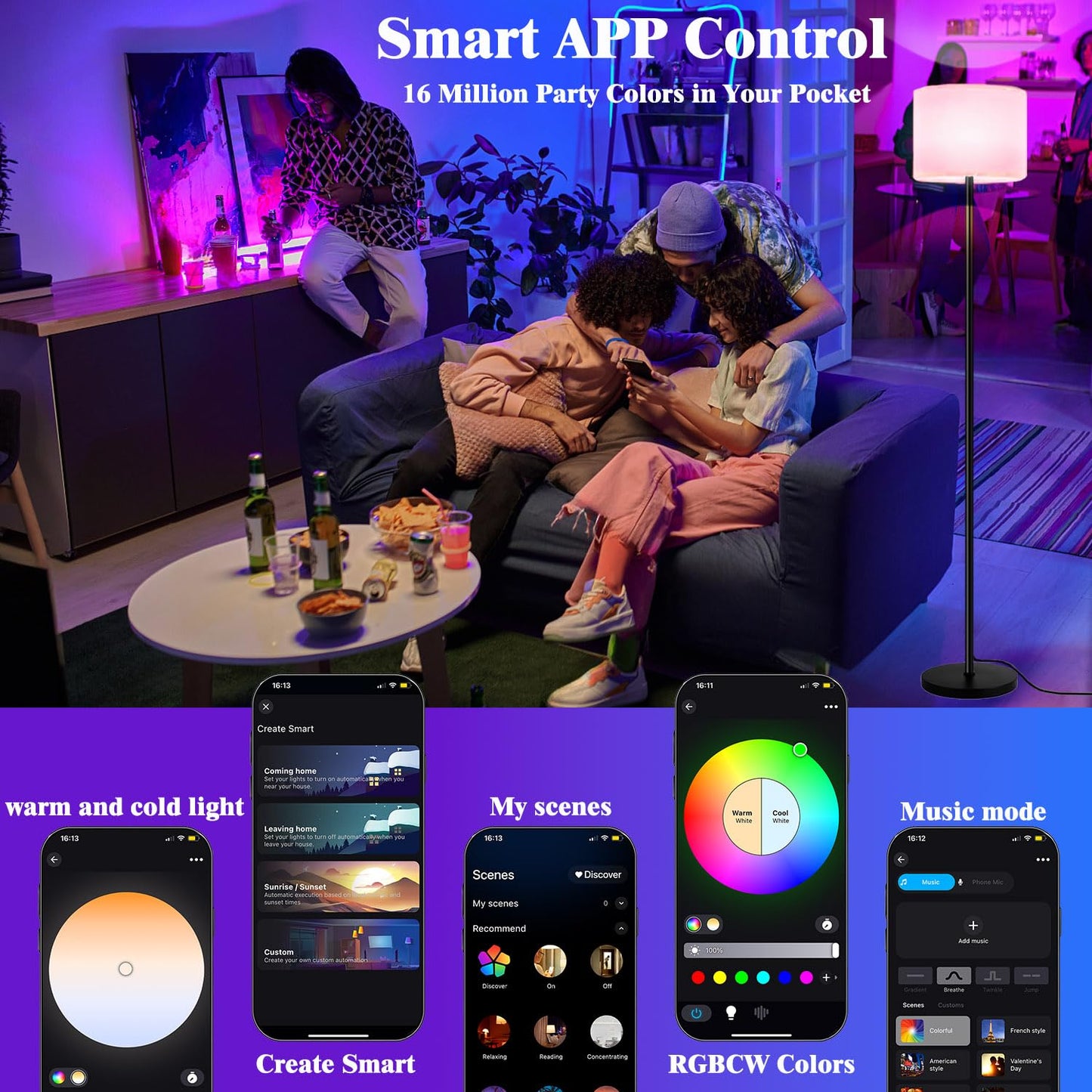 Fuvqeyes Smart Floor Lamp with APP & Remote Control - Dimmable RGB & White Light (3000K-6500K) for Living Room, Bedroom, Office - Modern Standing Lamp with 9W LED Bulb Included