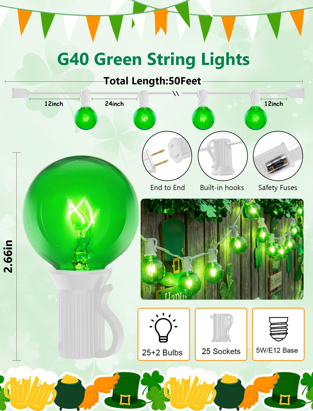 50Ft St. Patrick's Day G40 Outdoor String Lights, G40 Globe Patio String Lights Waterproof with 27 Green Incandescent Bulbs, Connectable Hanging Light for Backyard Porch Balcony St Patricks Day Decor