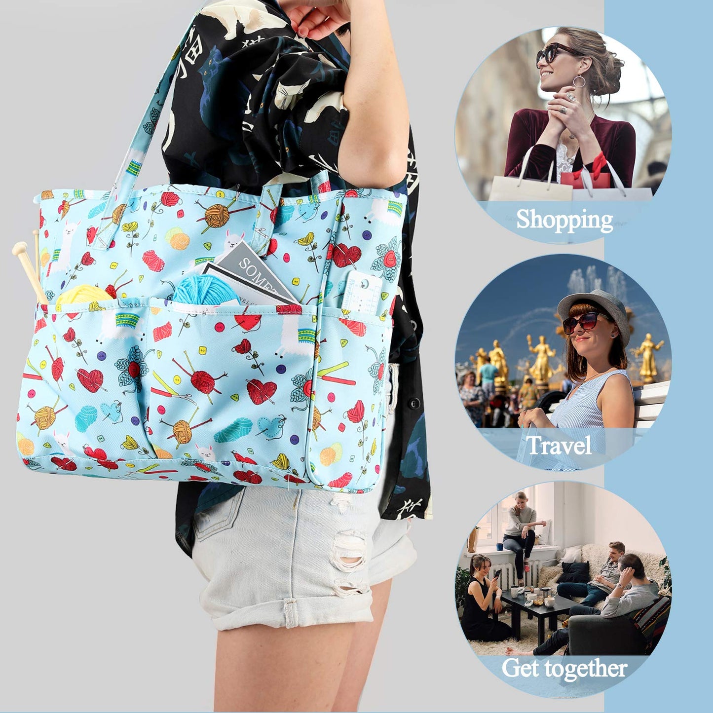 Coopay Craft Bag for Crochet Knitting Cross Stitch, Tote Bag for Embroidery Project, Knitting Needles or Diamond Painting Tools, Knitting Bags Yarn Storage Bag 14in×5.5in×12in,Oxford Cloth,Blue