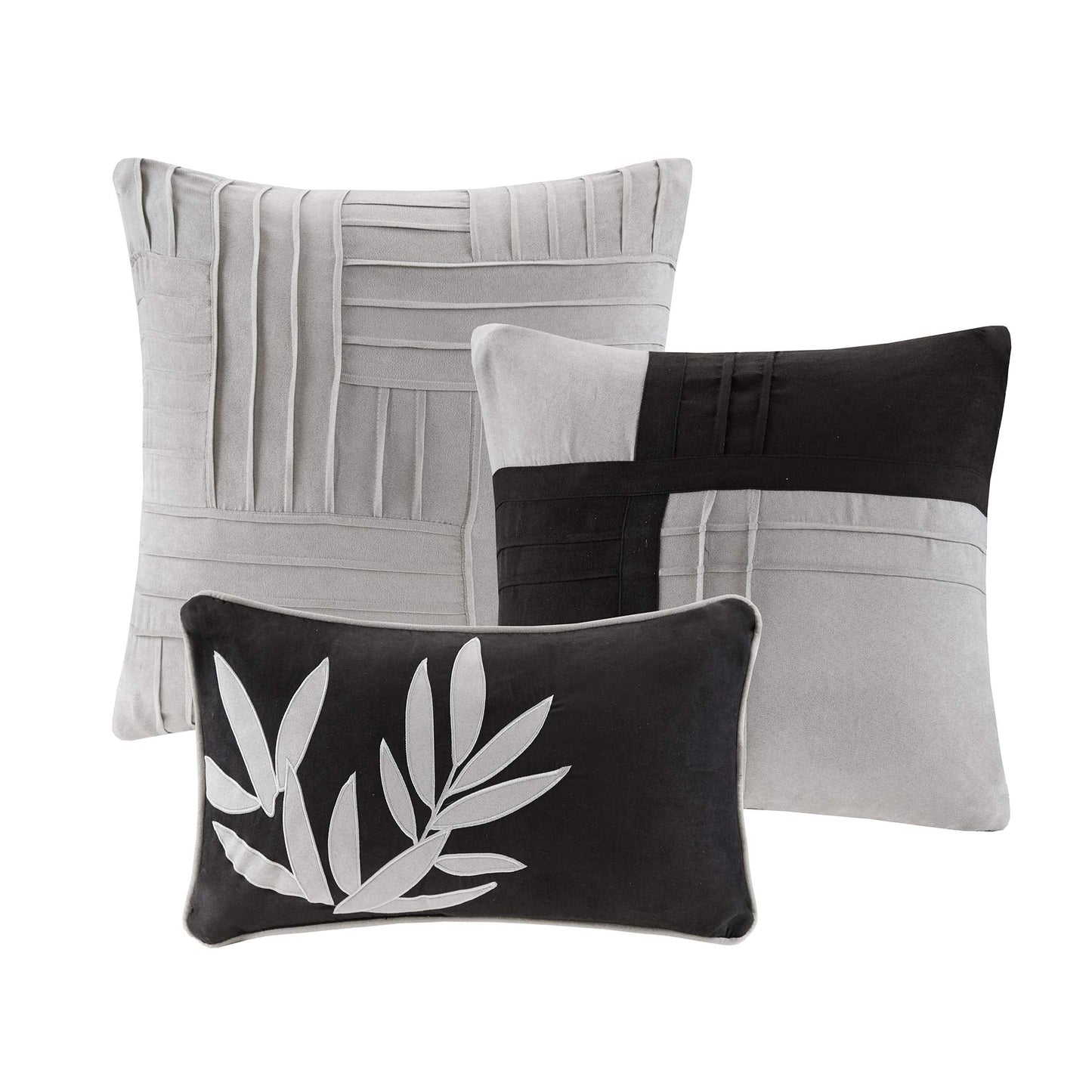 Madison Park Cozy Comforter Set Casual Blocks Design All Season, Matching Bed Skirt, Decorative Pillows, Queen(90"x90"), Dune Suede, Black Grey, 7 Piece