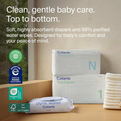 Coterie The Newborn Gift Set, Size Newborn Diapers (31 Count) & Size 1 (33 Count), 1 Travel Size Pack Baby Wipes (18 Count), Plant Based Materials, Hypoallergenic for Sensitive Skin, Baby Essentials