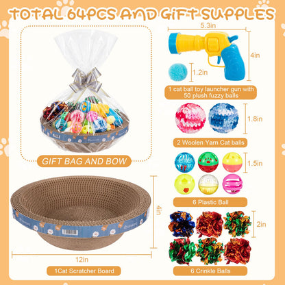 Zopeal 64 Pcs Easter Cat Toy Gift Set Magic Cat Scratcher Board Ball Launcher Gun Crinkle and Yarn and Plastic Bell Ball Kitten Toy with Bow for Pet Interactive Engaging Gift(Bowl Shape)