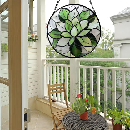CRISGIF Stained Glass Window Hanging - Green Lotus Suncatcher for Door Garden Succulent Plant Sun Catchers Decor Mother's St. Patrick's Day Birthday for Women Mom Nana Grandma 7.8 in