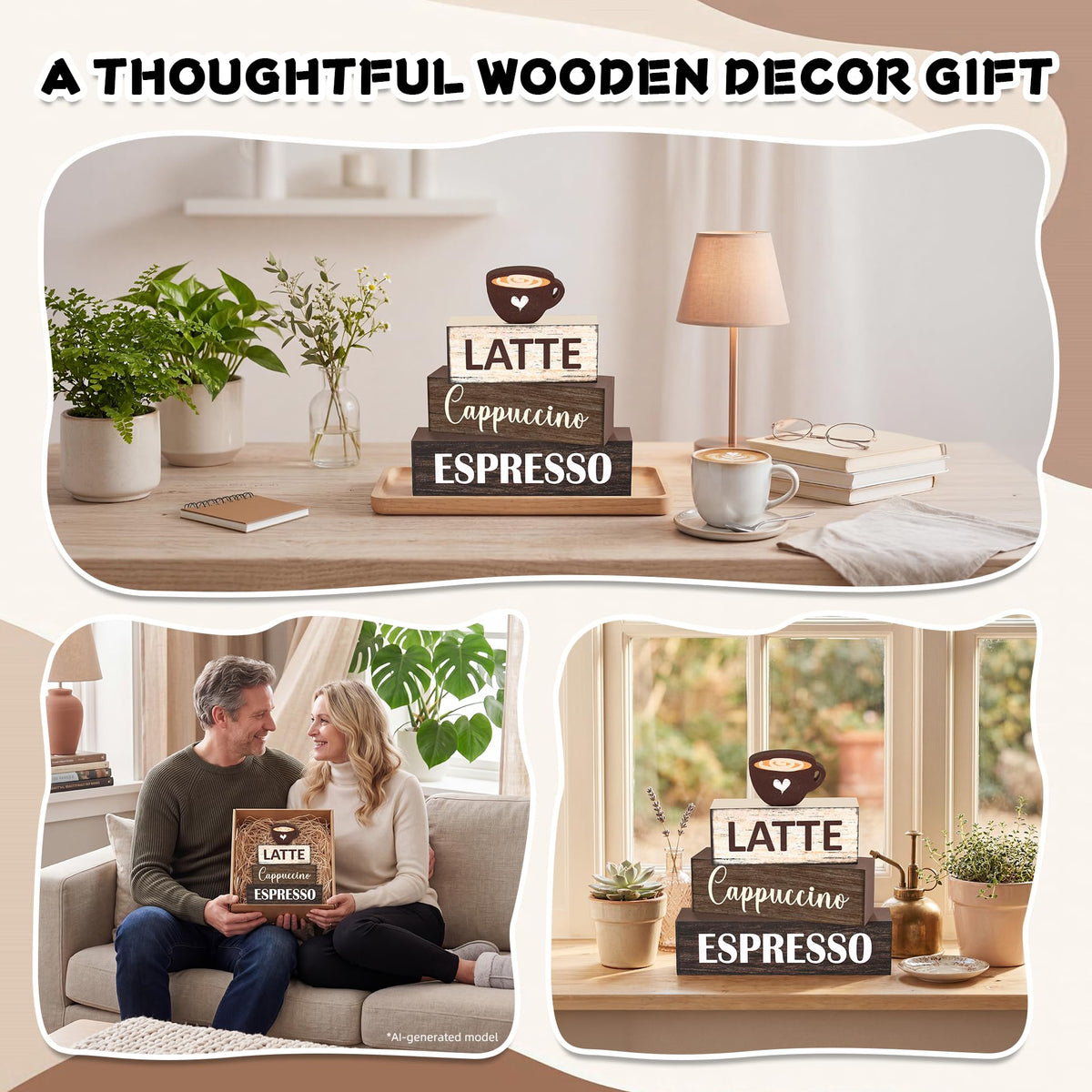 4 Pcs Coffee Farmhouse Wooden Table Decor, Coffee Rustic Tabletop Centerpiece Decorations for Bar Home Office Shelf Kitchen