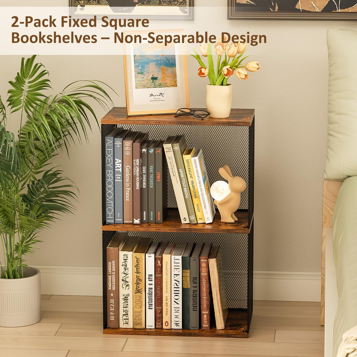 Dmevkic Small Bookshelf 2 Tiers Bookshelf for Small Spaces DIY Variable Stackable Cube Storage Organizer for Kid Bedroom,Living Room, Black Brown Wooden,2 Tiers Non-Detachable