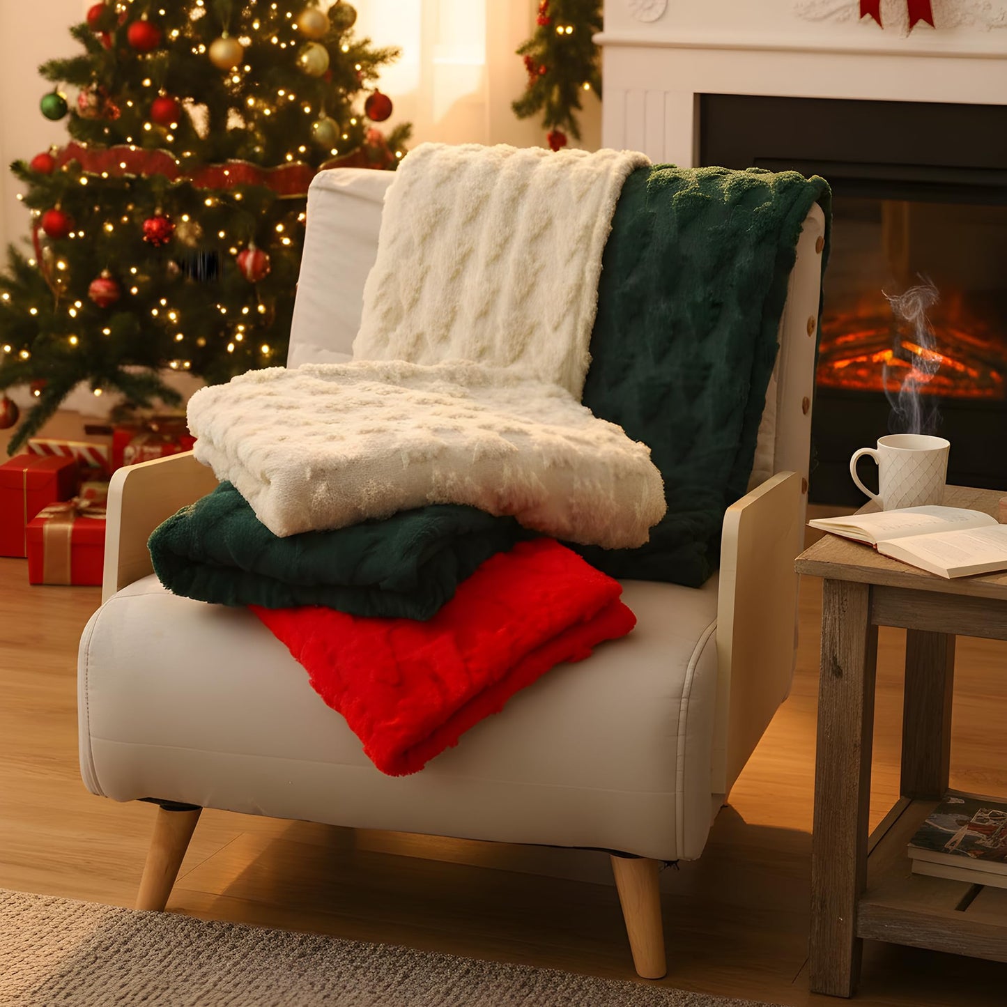 Heirloom Haven Christmas Throw Blanket 50x60 Inch,Beige 3D Xmas Tree Winter Dual Sided Soft Fluffy Plush Faux Fur Jacquard Blanket for Bed Sofa Couch Room Decor Christmas Birthdays Gifts