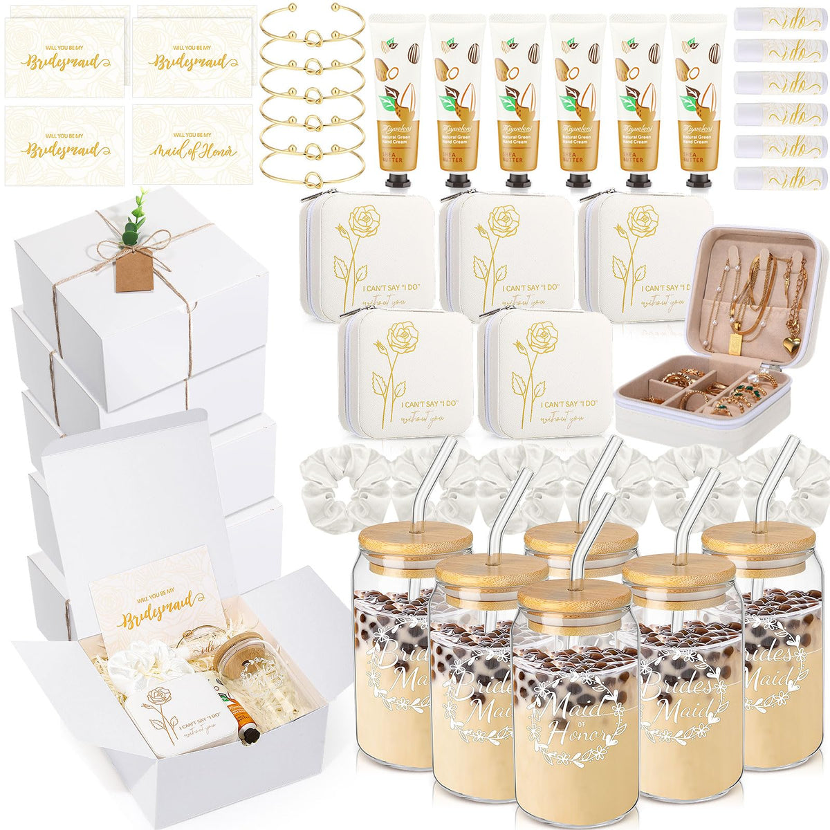 Teenyyou 60 Pcs Bridesmaid Proposal Gifts Bridesmaid Box Set Maid of Honor Gift Wedding Bridal Shower Include Jewelry Box Glass Cup Scrunchies Hair Knotted Bracelets Hand Cream Lip Balm Cards(White)