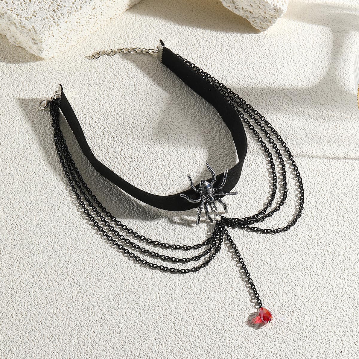 Spider Velvet Choker Gothic Necklace with Crystal Layers - Black Halloween Party Costume Jewelry Gift