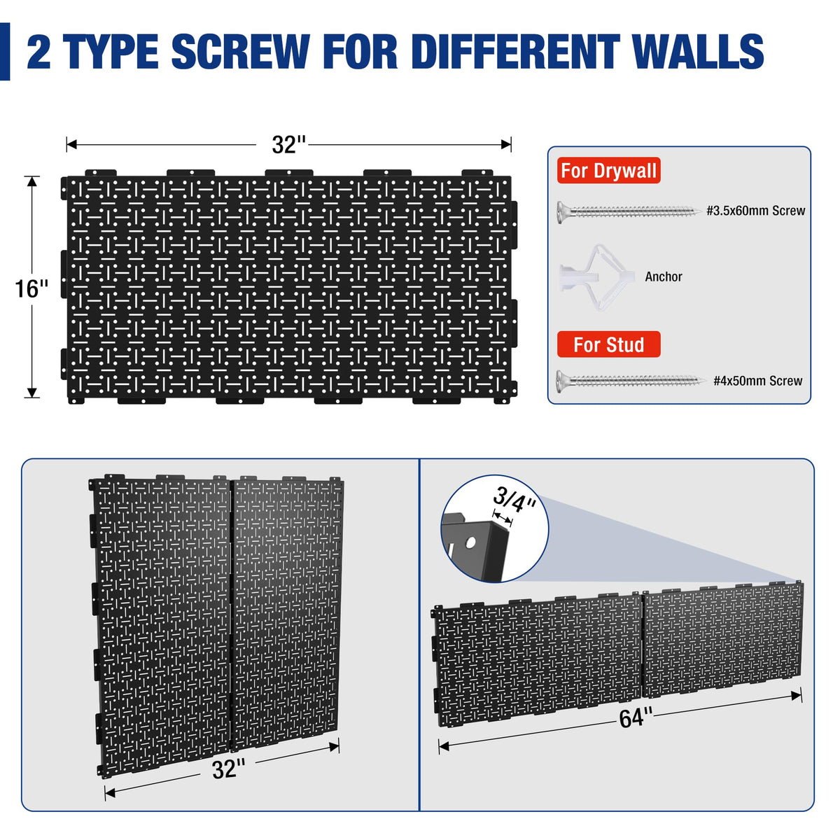 WORKPRO Metal Pegboard 16”x 32” Steel Panel with Round Holes & Vertical Slots, Black Heavy Duty Garage Peg Board Wall Pegboard Organizer for Wood Working Work Shop, Craft Room, 2 Pack