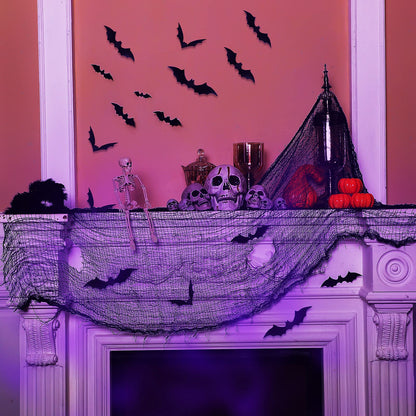 Tegeme 4 Pieces Halloween Black Creepy Cloth 30x72 Inch Spooky Scary Cheesecloth Freaky Polyester Gauze Cloth with 60 Pieces 3D Bat Sticker for Halloween Party Outdoor Yard Wall Decoration