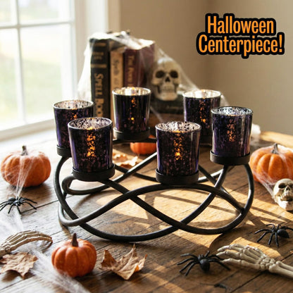 Seraphic Halloween Candle Holder Centerpiece Decoration – Black Metal Iron 6-Cup Votive Tealight Holder for Spooky Table Gothic Decor, Kitchen & Dining Room, Coffee Tables