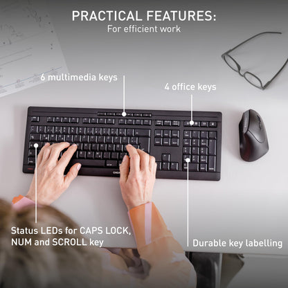 CHERRY STREAM KEYBOARD WIRELESS, Cordless Keyboard, UK Layout (QWERTY), 2.4 GHz RF, Quiet Keys, Flat Design, Battery-Operated, Black