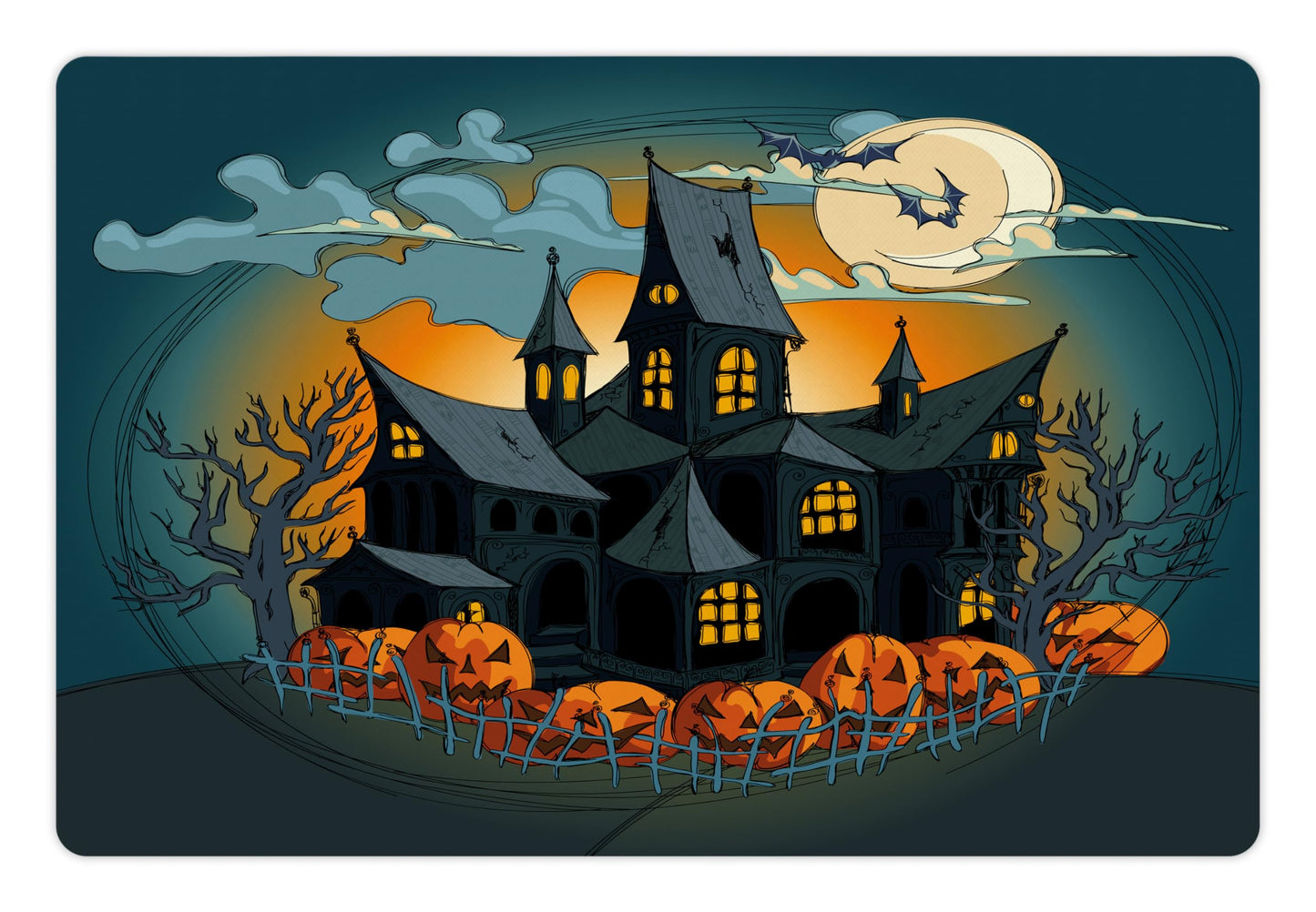 Lunarable Halloween Pet Mat for Food and Water, Medieval Haunted Castle with Garden Pumpkins Dark Clouds Scary Nights Print, Rectangle Non-Slip Rubber Mat for Dogs and Cats, Orange Teal