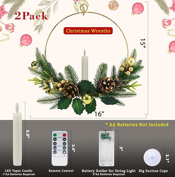 2Pack Christmas Wreaths for Front Door with Lights & Flickering LED Taper Candles & Remote, 16'' Windows Wreaths, Fireplace Christmas Decorations - Gold