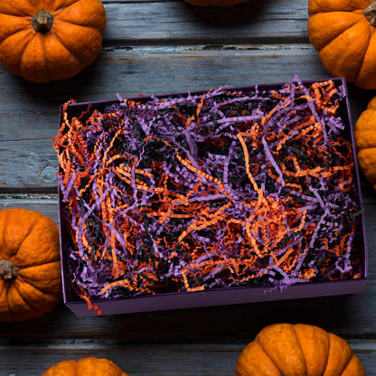 Gloreyan 1LB Halloween Crinkle Cut Paper Shred, Black Orange Purple Raffia Paper Sherd Filler Grass for Gift Wrapping Basket Filling Birthdays Weddings Party Supply