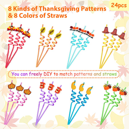 Thanksgiving Decorations for Party 24pcs Reusable Drinking Straws Thanksgiving Party Favors Turkey Straws for Fall Maple Leaf Autumn Party Supplies
