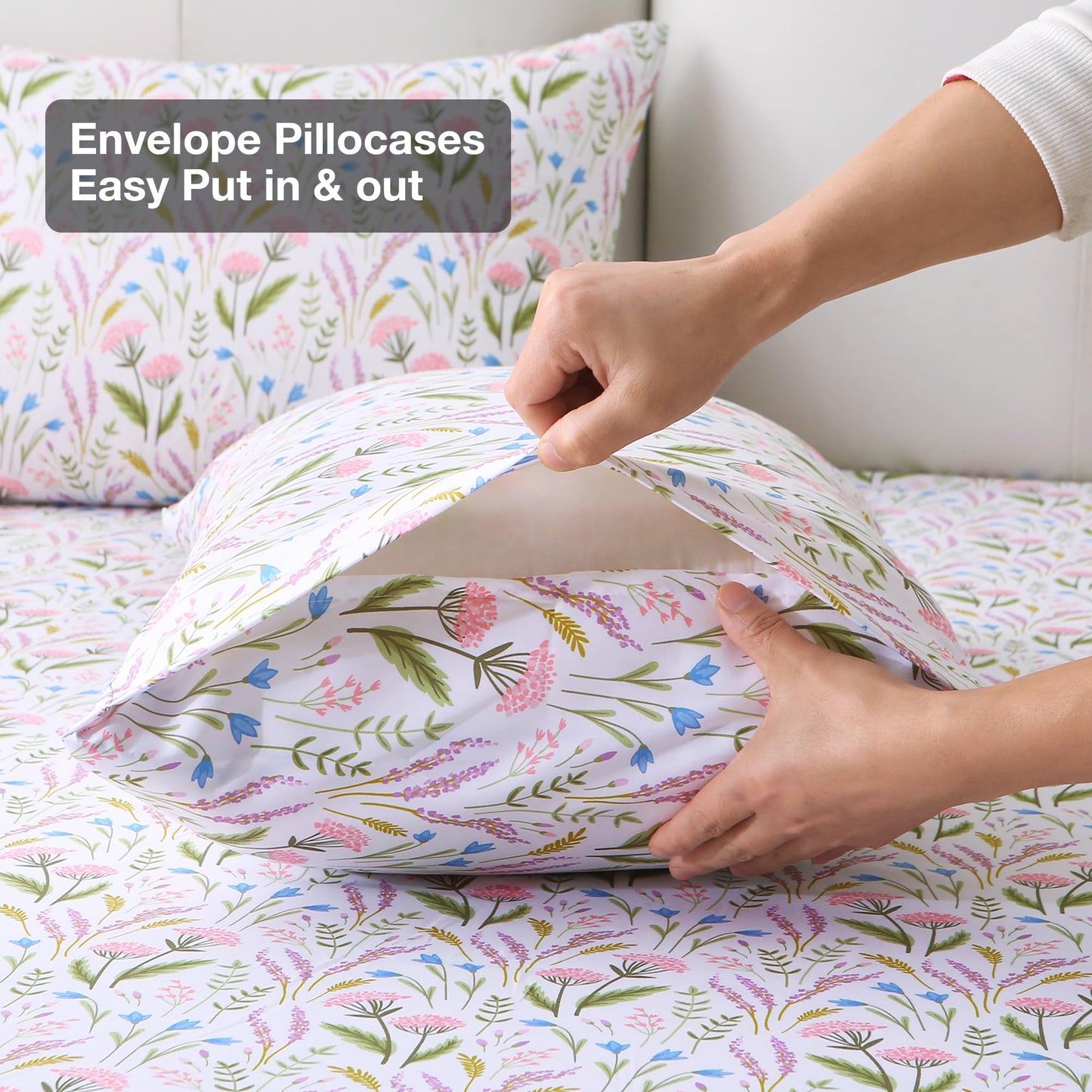 Viviland Floral Full Sheet Set - 4 Piece Lavender & Blue Bell Pink Cluster Botanical Patterned Bed Sheets - Soft, Breathable Microfiber Sheets with Deep Pocket, Non-Slip Fitted Sheets & Pillowcases