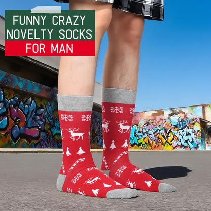 HSELL Mens Fun Patterned Dress Socks Funny Novelty Crazy Design Cotton Socks Gift for Men (4 Pairs - Christmas)