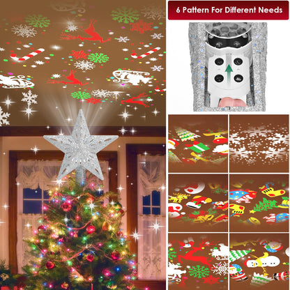 Winpull Christmas Tree Topper Lighted with 6 Pattern Projection Modes, Christmas Star Tree Topper Built-in LED Rotating Lights, Silver 3D Glitter Dynamic Projector for Christmas Decorations