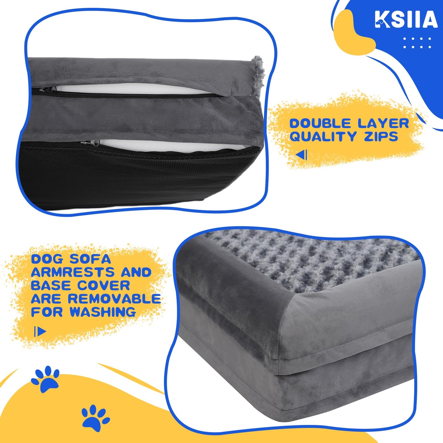 KSIIA Large Dog Bed, Orthopedic Dog Sofa Beds Pet Bed, Dog Couch with Removable Washable Cover, Waterproof Dog Bed, Pet Sofa with U-Shape Bolster, Grey 90x57x16cm