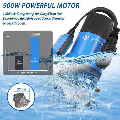 FOTING 900W Submersible Water Pump for Dirty/Clean Water, 14000 L/H Electric Sump Pump with Float Switch, Portable Water Pump to Empty Pool, Drainage Pump for Garden Pond, Pools, Hot Tub, Ditches