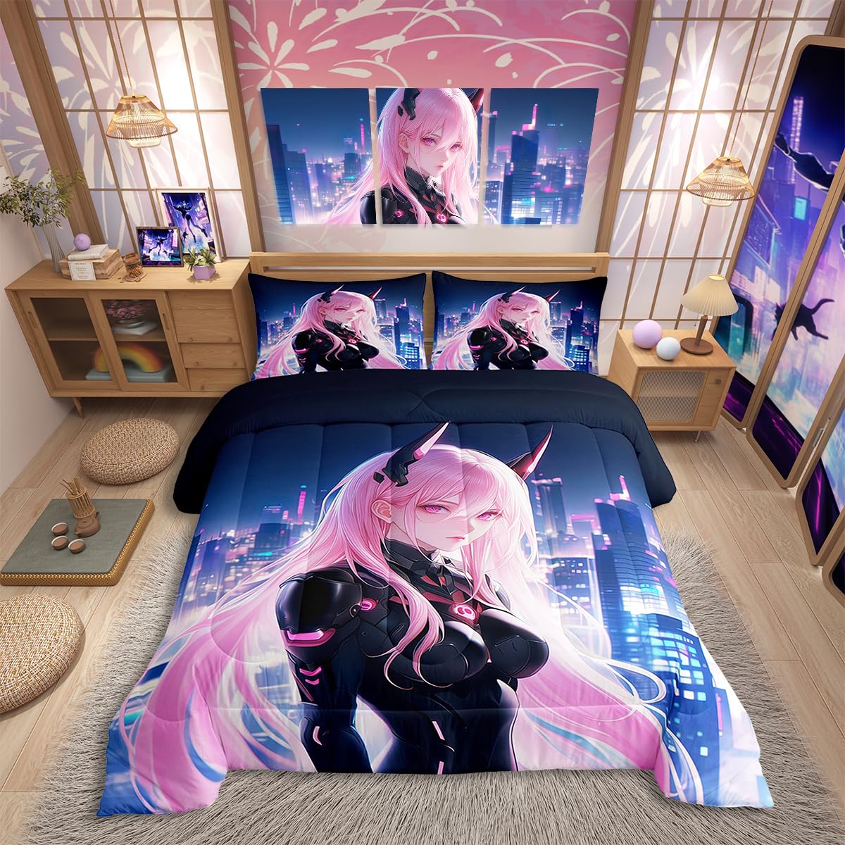 Erosebridal Japanese Anime Comforter Set Full Size, Anime Girl Bedding Set Kawaii Japanese Style Quilt Cartoon Japan Animation Duvet Insert for Boys Teens Adult Women Bedroom Decor