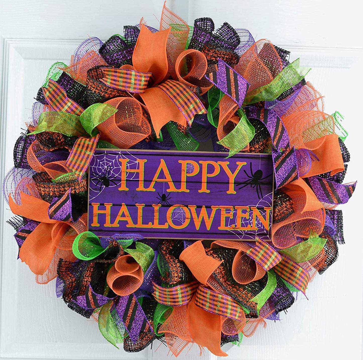 NBHH Halloween Mesh Ribbon Deco Fall Metallic Foil Black Purple Orange Green Border Striped Deco Mesh Wire Ribbon Rolls for DIY Halloween Wreaths Decorations Wrapping Craft, 4 Rolls(6 inch Wide)