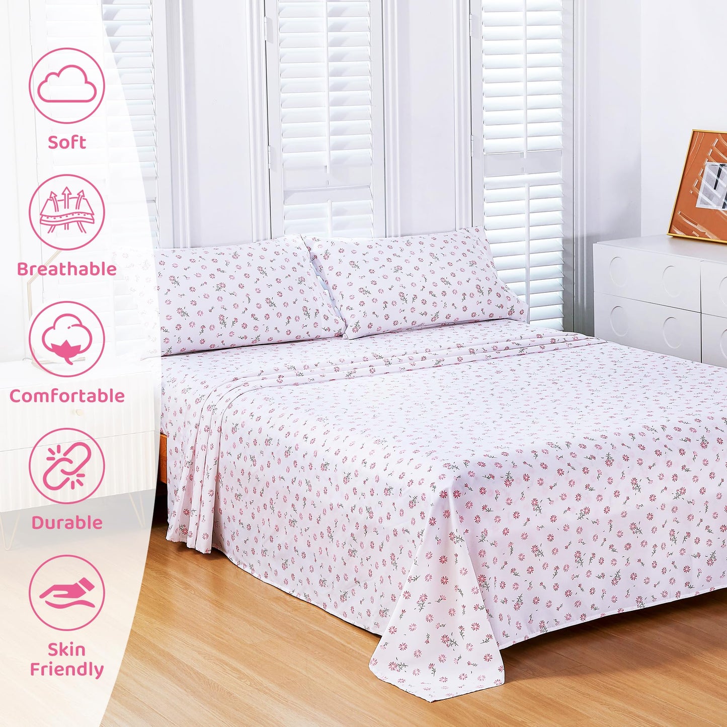 Mooreeke Cozy Vintage Microfiber Printed Floral Twin Sheet Set - Soft & Breathable Pink Daisy Bed Sheets with Extra Deep Pocket - Non-Slip Fitted Design - Daisy Pattern - Twin