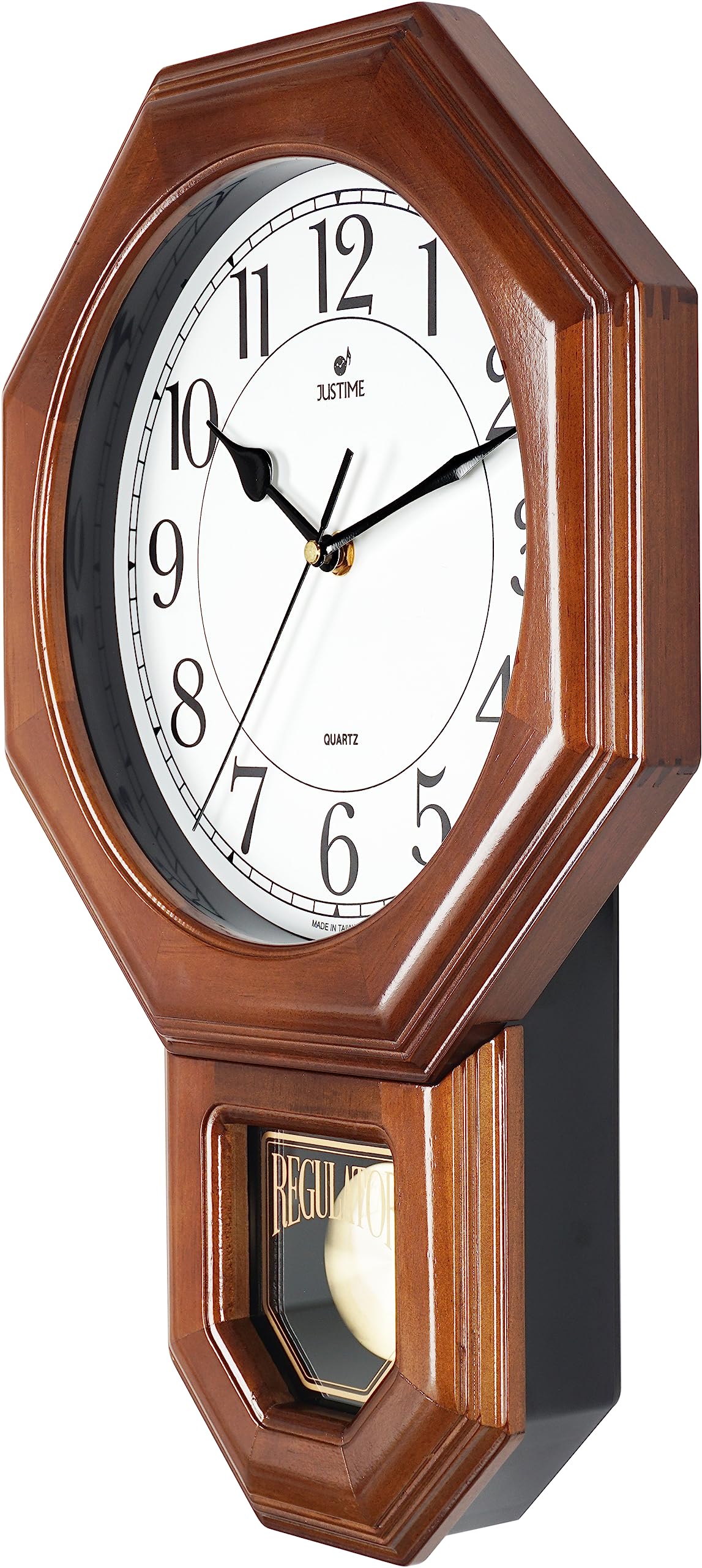 JUSTIME Traditional Schoolhouse Solid Wood Pendulum Wall Clock Chimes Hourly with Westminster Melody Chime Made in Taiwan (Dark Wood w/Westminster Chime)