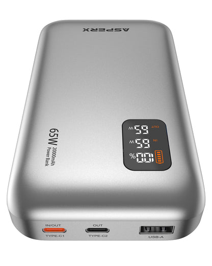 AsperX 65W Power Bank, 20,000mAh Laptop Portable Charger, PD 3.0 Fast Charging Travel Essential USB C Battery Pack for MacBook,iPhone 17/16/15/14 Series,Galaxy S24,Dell XPS, Switch,ipad,Steam Deck