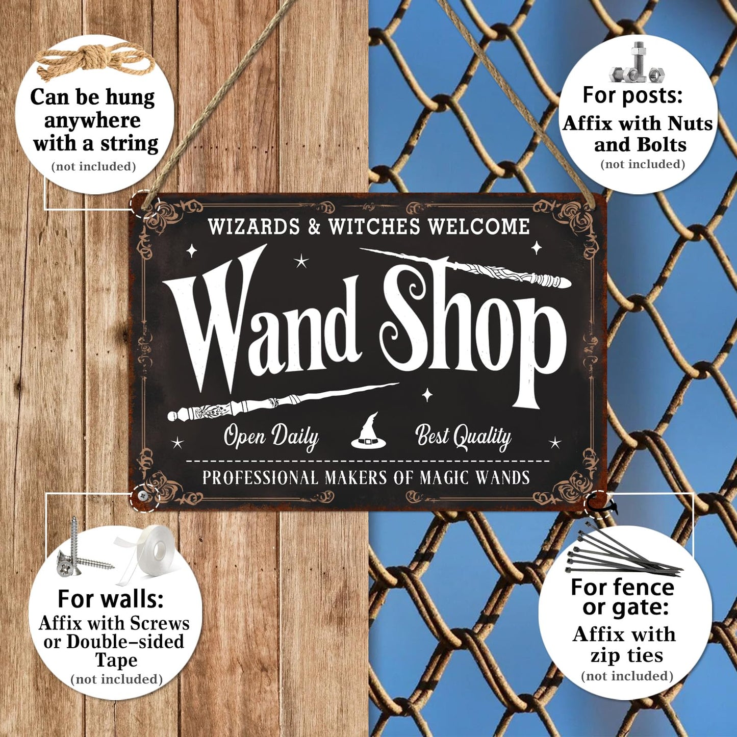Wand Shop Wizards & Witches Welcome Halloween Metal Tin Sign Wall Art for Farmhouse Home Cafes Haunted House Halloween Holiday Party Decor 8x12 Inch