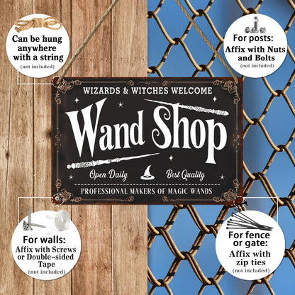 Wand Shop Wizards & Witches Welcome Halloween Metal Tin Sign Wall Art for Farmhouse Home Cafes Haunted House Halloween Holiday Party Decor 8x12 Inch