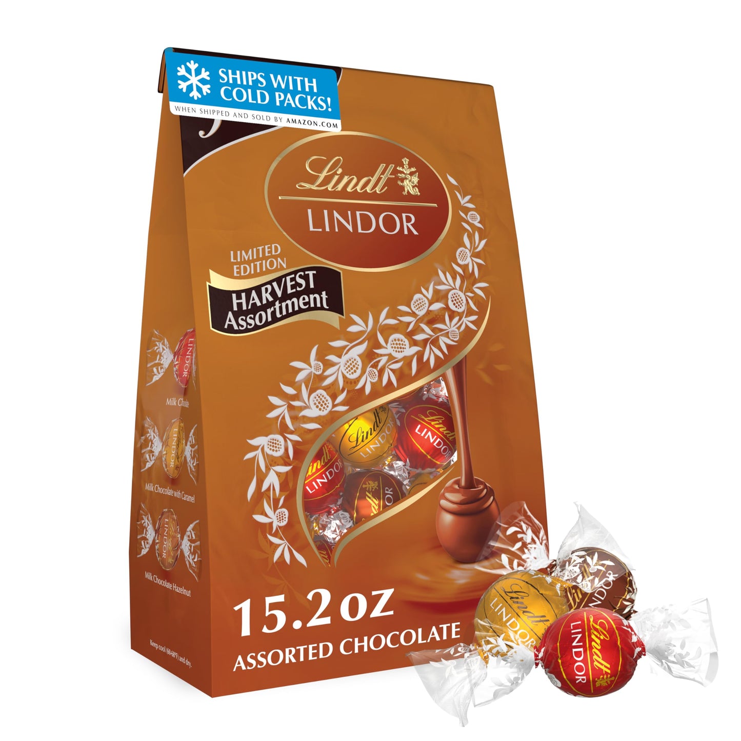 Lindt LINDOR Harvest Milk Assorted Chocolate Candy Truffles, Chocolates with Smooth, Melting Truffle Center, 15.2 oz. Bag
