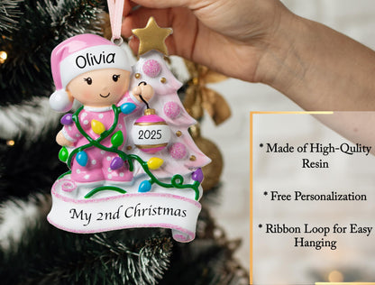 UniqXmas Personalized Baby's Second Christmas Ornament 2025 | Baby Girl Xmas Tree Decoration Pink – My 2nd Christmas Keepsake Gift for Daughter Grandbaby | Custom Name & Year