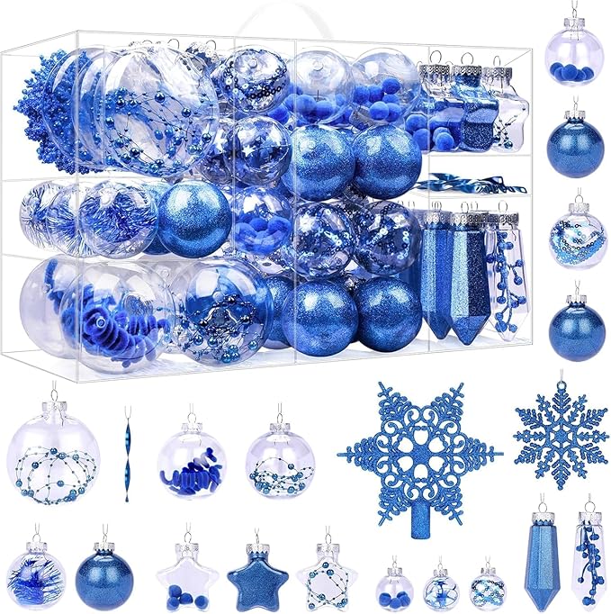 SHareconn 86PCS Christmas Balls Ornaments Set,Shatterproof Plastic Clear Decorative Baubles for Xmas Tree Decor Holiday Wedding Party Decoration, Blue