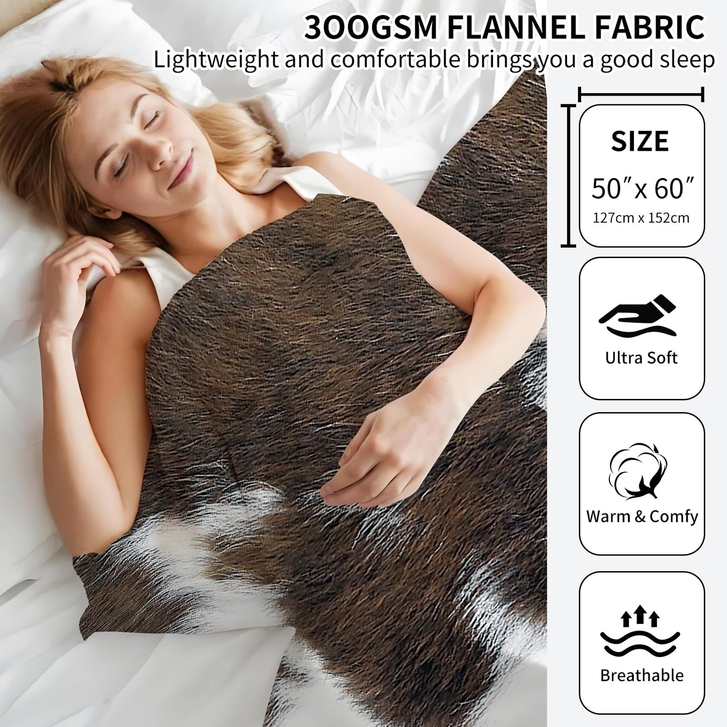 ANIOXCK Throw Blanket for Couch, 300GSM Warm Soft Cozy Flannel Blanket, Cute Blanket for All Seasons Bedroom Home Decor Gifts, Retro Cowhide 50x60 Inches