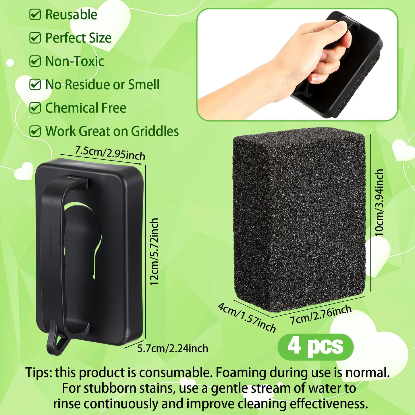 Zhehao 4 Pack Heavy Duty Grill Cleaner Brick, Griddle Stone 3.9 x 2.8 x 1.6 Inches Grill Cleaner with Handle, Pumice Stone for Cleaning Removing Stains, BBQ, Flat Tops, Swimming Pool, Sink
